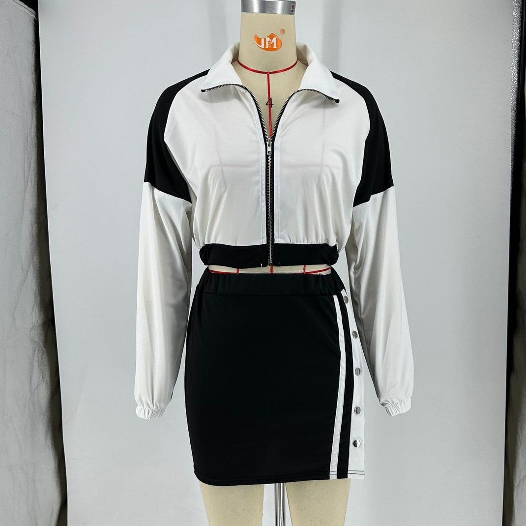 Split color-block long sleeve short skirt set stretch two-piece