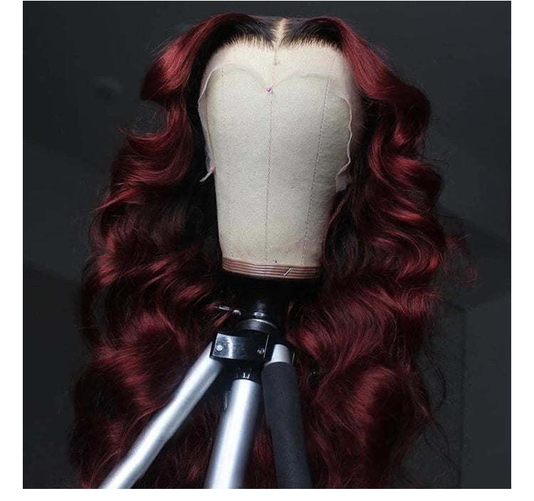 Black Roots Vibrant Burgundy Body Wave Lace Frontal Wig - Janine’s Boutique