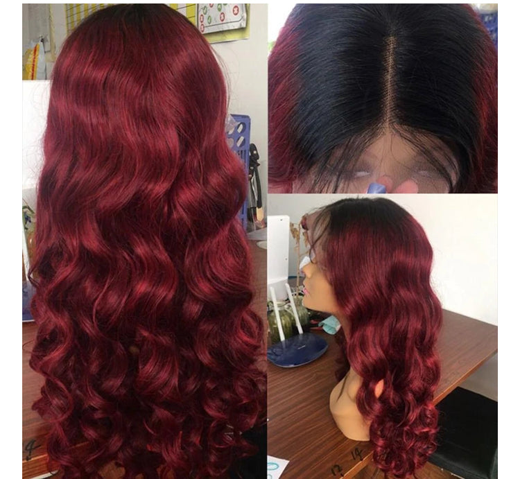 Black Roots Ombre Warm Burgundy Loose Wave Lace Frontal Wig - Janine’s Boutique