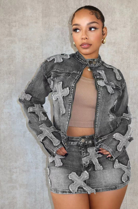 Cross Denim embroidered Skirt Jacket Set