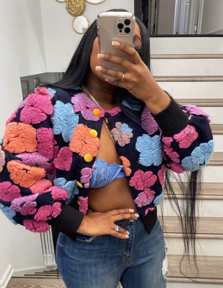 Three- Dimensional Floral Cardigan Short Coat