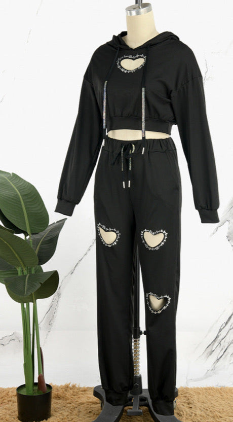 Heart Shaped hollow hot Diamond hoodie and pants 2PC set