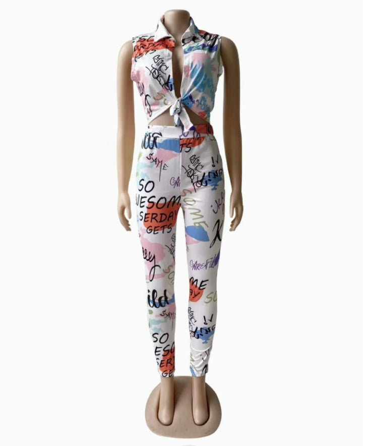 LAPEL SLEEVELESS TOP WITH PRINTED COLORED TROUSERS 2PC SET