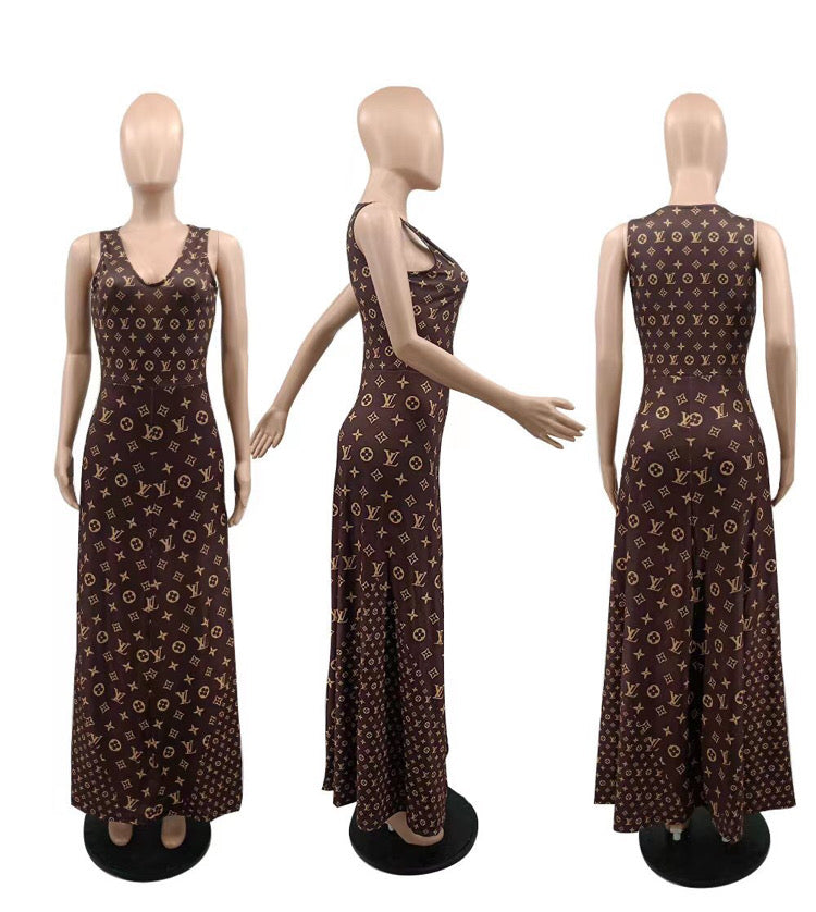 V-neck Printed Sleeveless Large Skirt