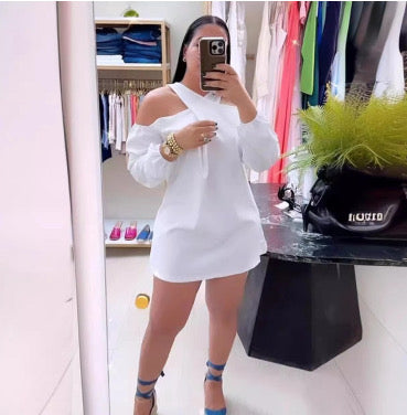 Hollow off-the-shoulder cross collar dress