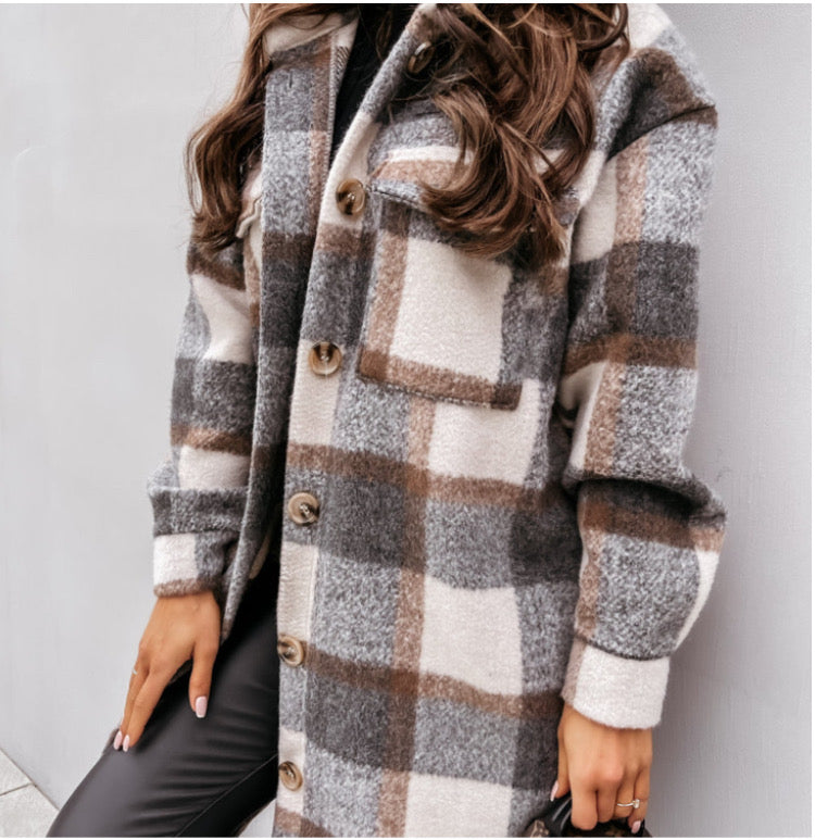 Plaid printed mid-length shirt coat