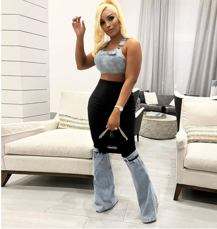 DENIM PANELED ELASTICATED FLARED JEANS