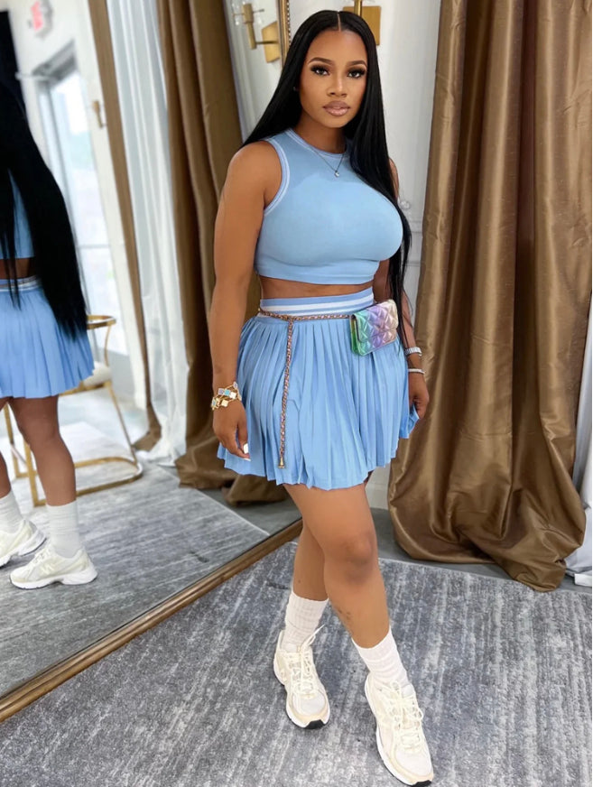 SLEEVELESS CROP TOP + PLEATED SKIRT SPORTS FASHION 2PC SET