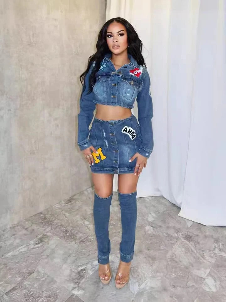 EMBROIDERED DENIM 2PC SET