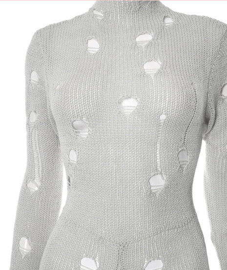 PERFORATED LONG SLEEVE BACK STRAP WOOLEN LONG JUMPSUIT