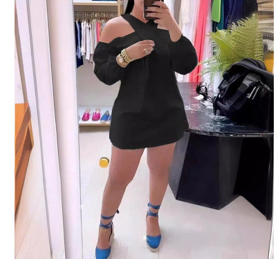 Hollow off-the-shoulder cross collar dress