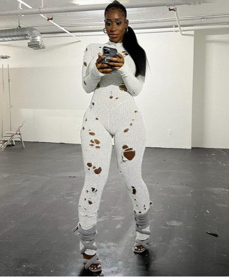 PERFORATED LONG SLEEVE BACK STRAP WOOLEN LONG JUMPSUIT