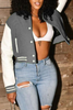 Grey Casual Long Sleeve Baseball Bomber Crop Varsity Jackets