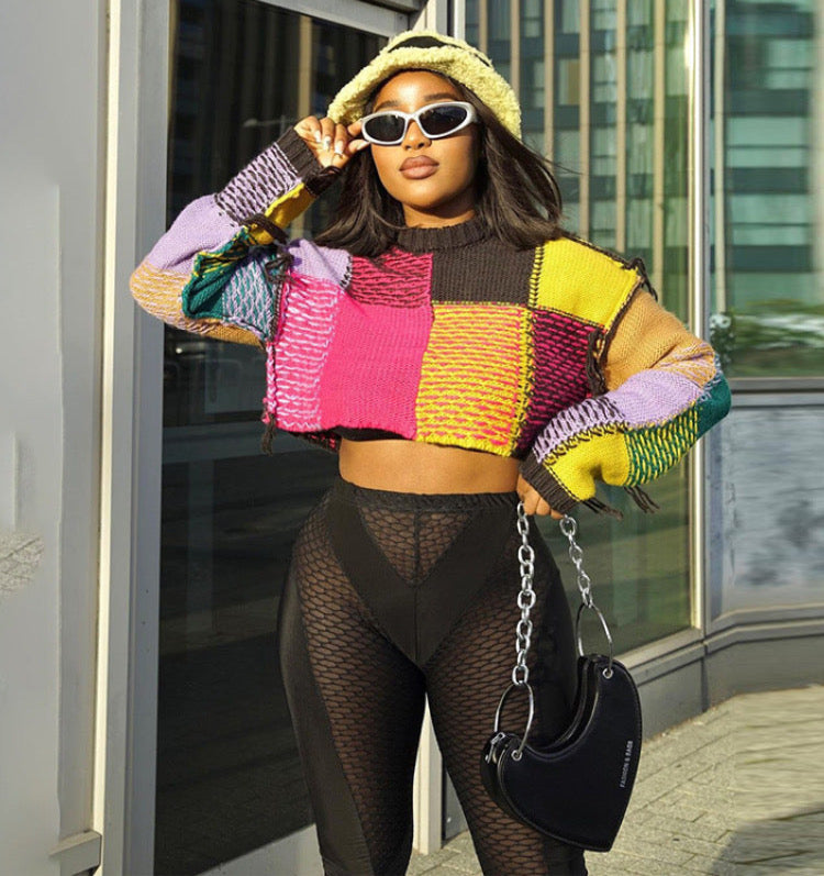 FRINGED CONTRAST CREW LOOSE CROP TOP LONG-SLEEVED SWEATER