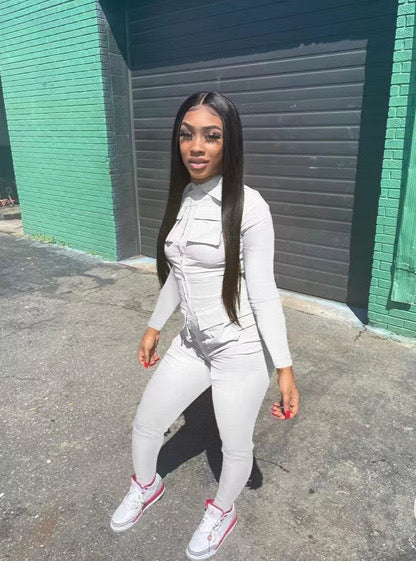 LONG SOLID COLOR CARGO ZIPPERED POCKET JUMPSUIT