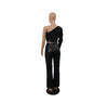 LEATHER SPLICE DIAGONAL NECK SLIM FIT LONG SLEEVE SET