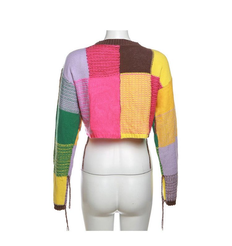 FRINGED CONTRAST CREW LOOSE CROP TOP LONG-SLEEVED SWEATER