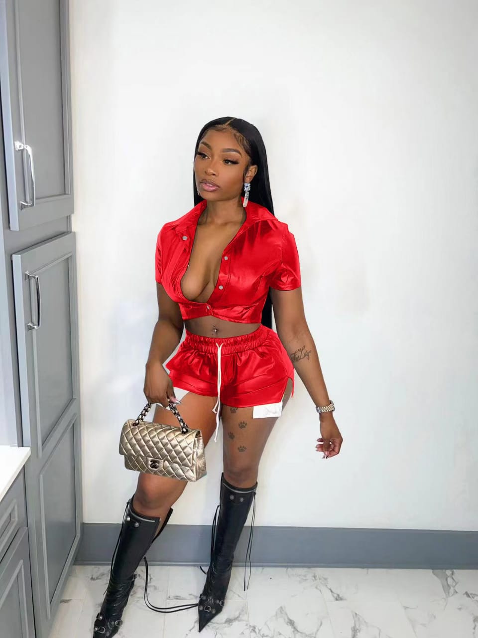 Split Leather Shorts Two-Piece Suit