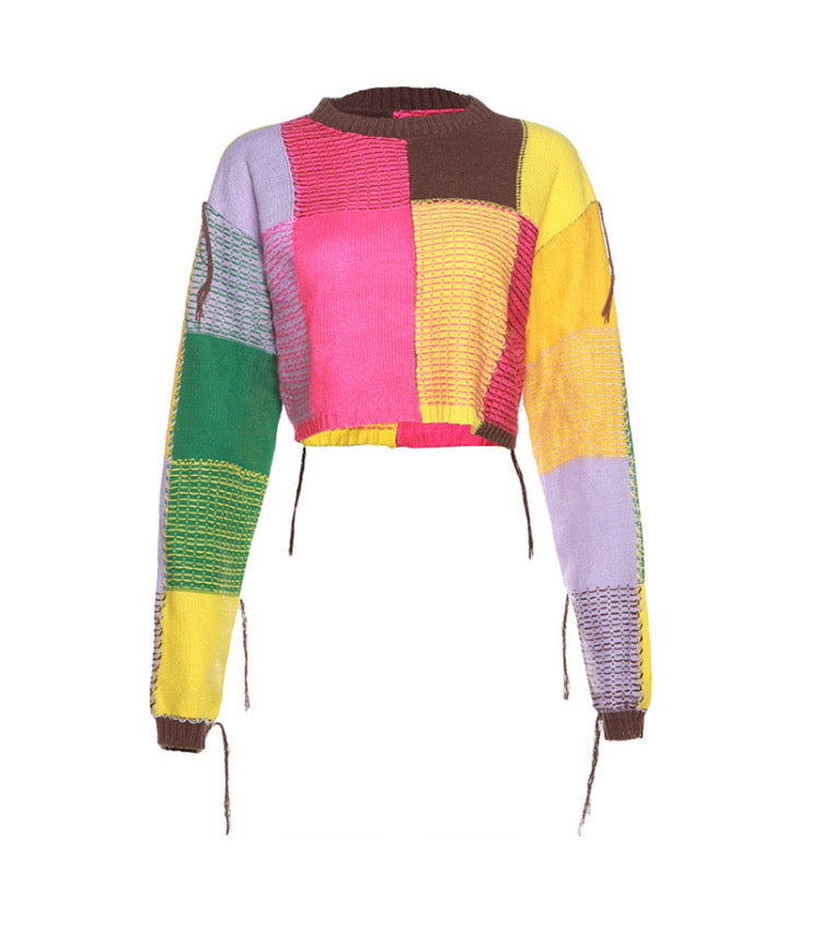 FRINGED CONTRAST CREW LOOSE CROP TOP LONG-SLEEVED SWEATER