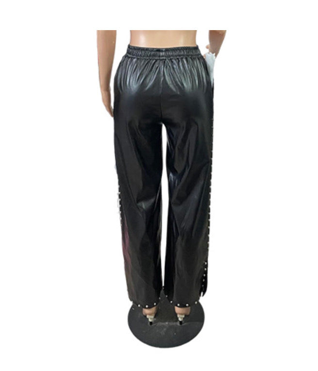 Solid color Bubble Bead Loose Wide Leg Pocket Leather Pants