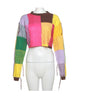 FRINGED CONTRAST CREW LOOSE CROP TOP LONG-SLEEVED SWEATER