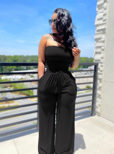 Solid color sanded tube top jumpsuit