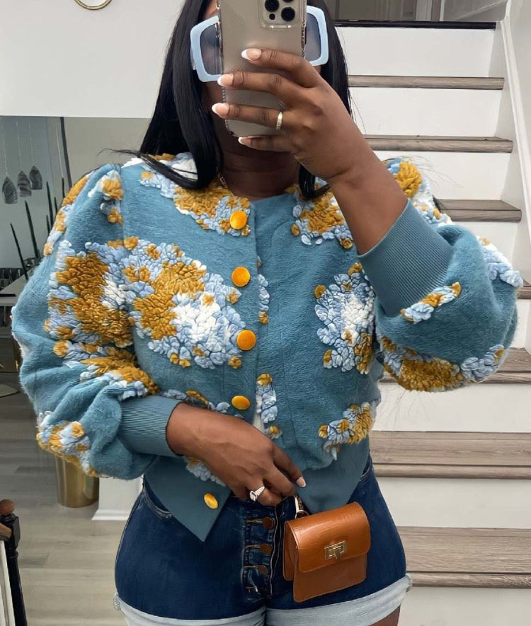 Three- Dimensional Floral Cardigan Short Coat