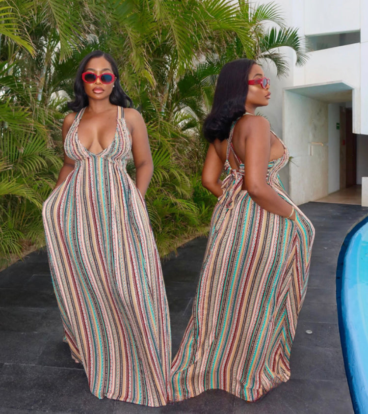 STRIPED PRINT STRAPPY WAISTLESS DRESS
