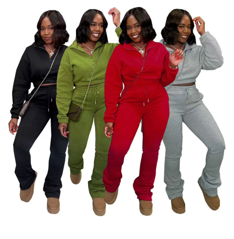 ZIPPER HALF-HIGH COLLAR PLUS VELVET SPORTS 2PC SET