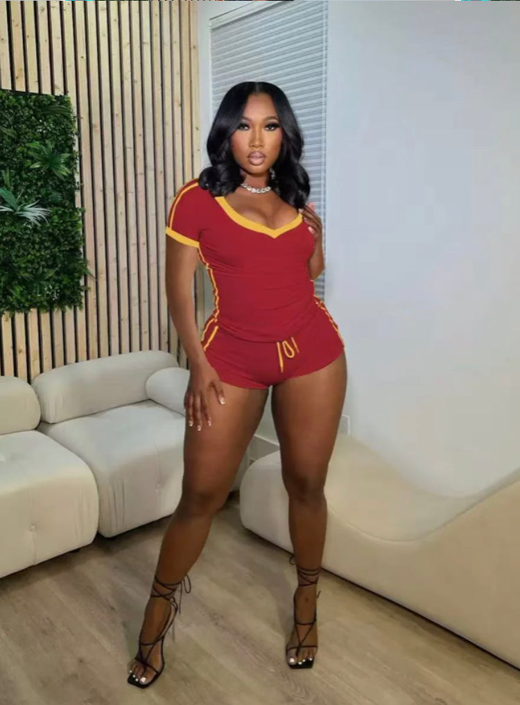 V-NECK TIGHT CONTRAST LACE-UP SPORTS WIND SHORT-SLEEVED SHORTS 2PC SET