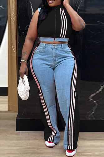 Black Casual Daily Stripe Patchwork Zipper Collar Sleeveless 2PC