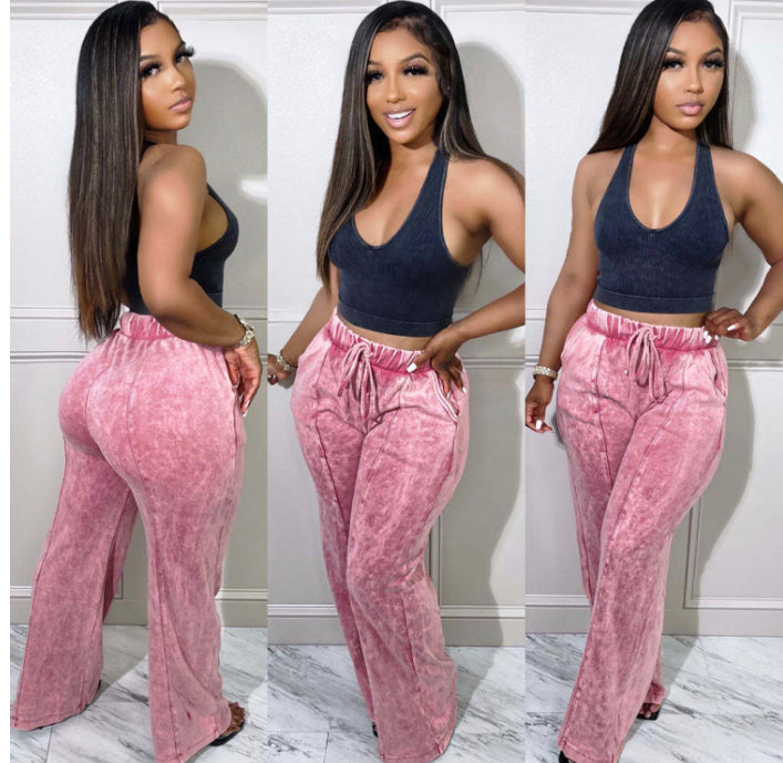 PRINTED ELASTIC HIGH WAIST POCKET CASUAL WIDE LEG PANTS