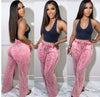 PRINTED ELASTIC HIGH WAIST POCKET CASUAL WIDE LEG PANTS