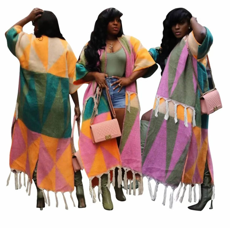 COLOR MATCHING TASSEL KNITTED COAT