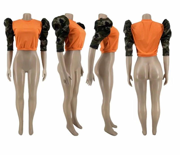SOLID COLOR SPLICED LANTERN SLEEVE TOP