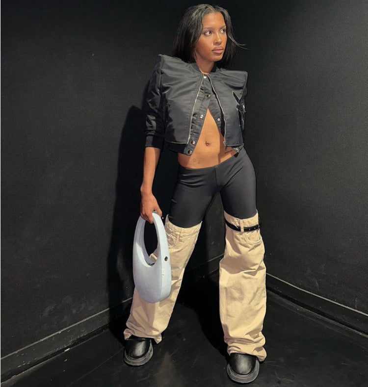 DENIM PANELED ELASTICATED FLARED JEANS