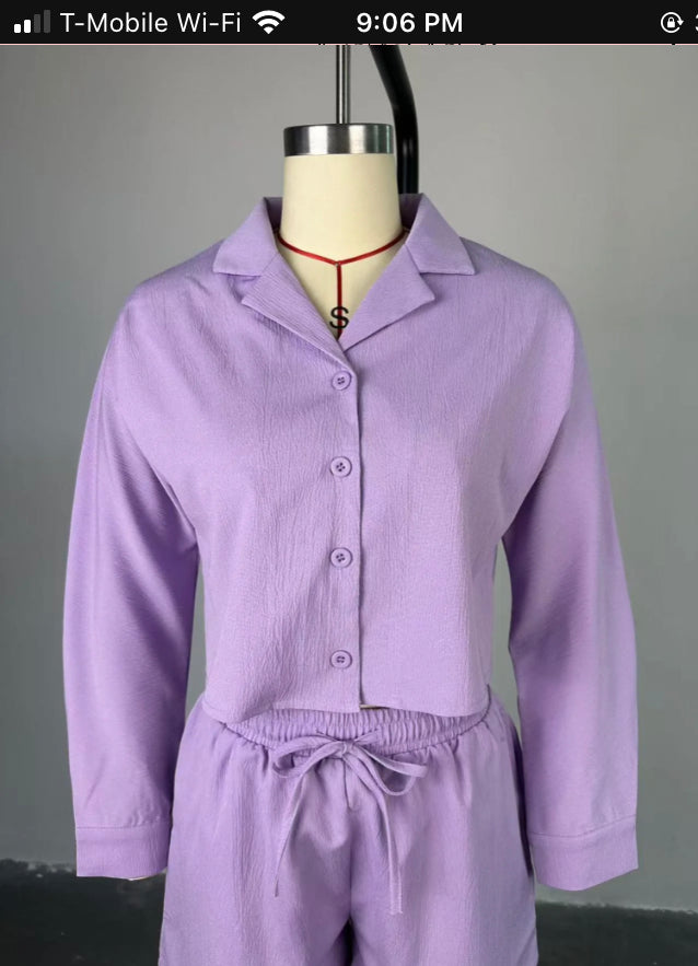 SUIT COLLAR LONG SLEEVE SHIRT HIGH WAIST DRAWSTRING SHORTS CASUAL 2PC SET