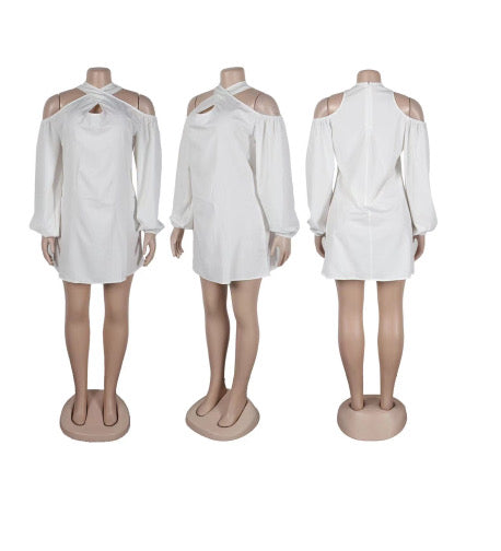 Hollow off-the-shoulder cross collar dress