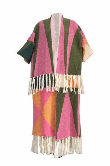 COLOR MATCHING TASSEL KNITTED COAT