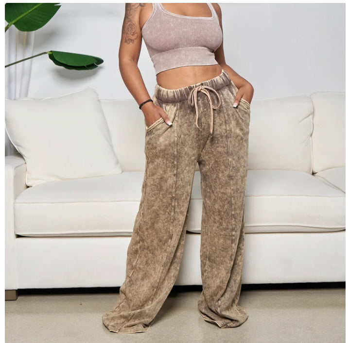 PRINTED ELASTIC HIGH WAIST POCKET CASUAL WIDE LEG PANTS