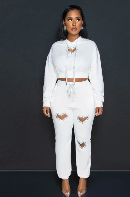 Heart Shaped hollow hot Diamond hoodie and pants 2PC set