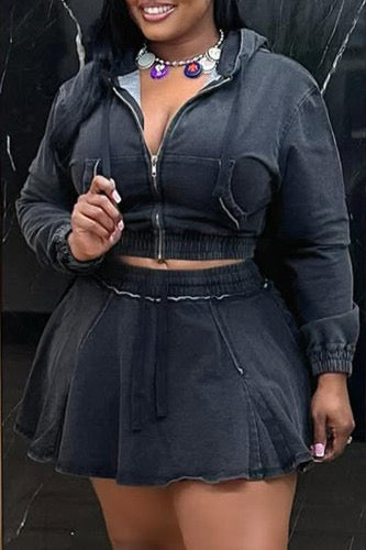 Black Casual Solid Color Zipper Hooded Long Sleeve Two Piece
