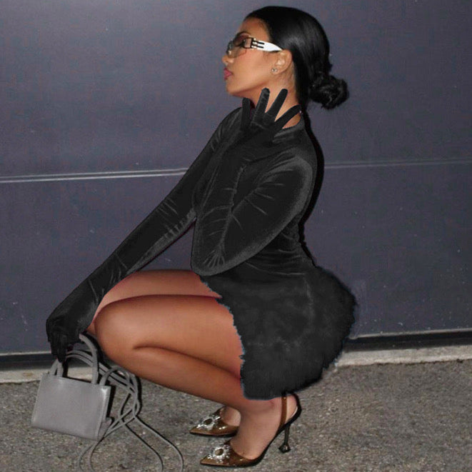 ROUND NECK LONG SLEEVE JUMPSUIT SLIM FITTING PLUSH SKIRT SET