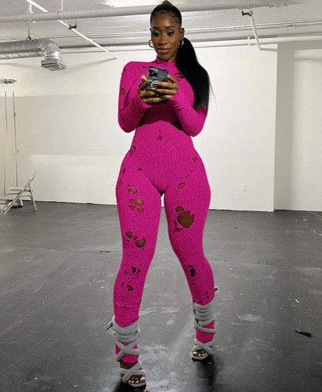 PERFORATED LONG SLEEVE BACK STRAP WOOLEN LONG JUMPSUIT