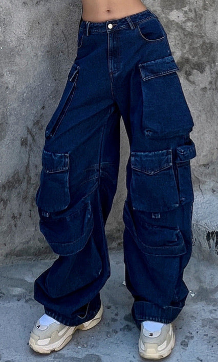 High waisted and large pocket loose casual wide leg jean