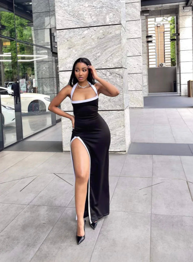 WHITE-TRIMMED CUT-OUT HIGH-SLIT HALTERNECK DRESS