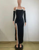 WHITE-TRIMMED CUT-OUT HIGH-SLIT HALTERNECK DRESS