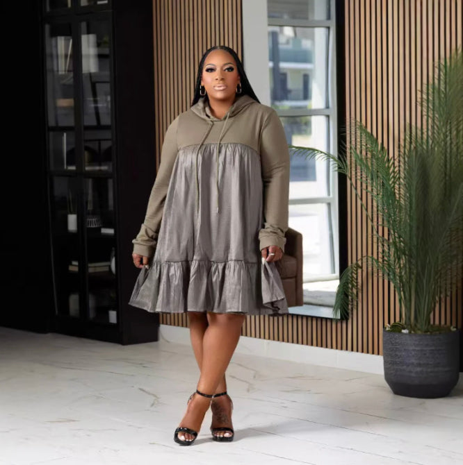 SPLICED HOODED PULLOVER PLUS SIZE DRESS