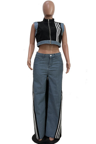 Black Casual Daily Stripe Patchwork Zipper Collar Sleeveless 2PC