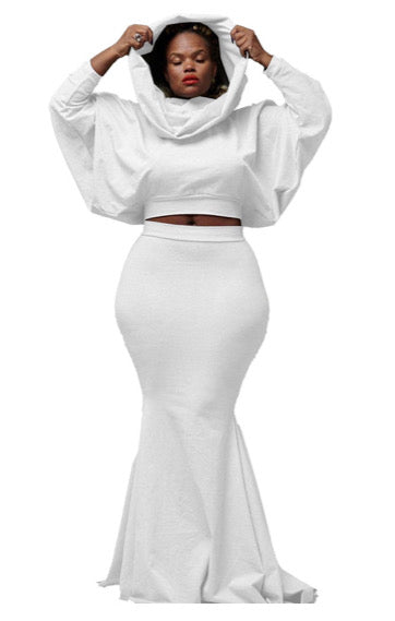 Solid color hooded fishtail skirt suit